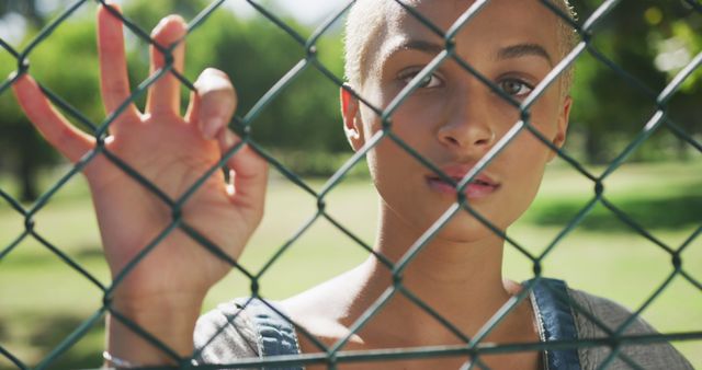 Portrait of biracial woman holding chain-link fence at park. Street style and modern urban lifestyle.