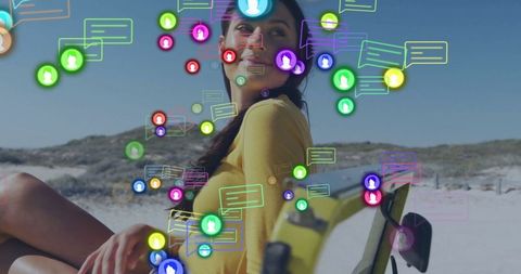 Woman Relaxing on Beach Amid Digital Social Connections