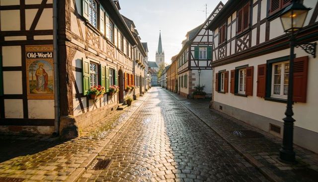 Sunlit cobblestone street leading to church steeple, timbered houses and flower boxes