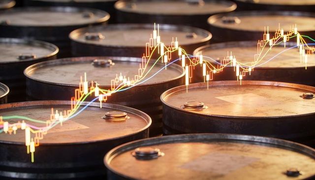 Rusted oil barrels showing rising candlestick market chart overlay for energy finance