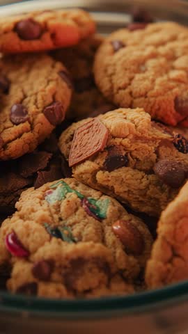 Vertical video panning over glass bowl of assorted cookies revealing chocolate and candy mix-ins
