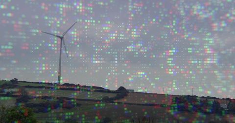 Wind Turbine on Hillside with Futuristic Digital Overlay