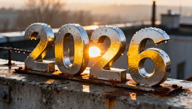 Metallic 2026 numerals glinting with raindrops on rooftop ledge at golden sunrise glow