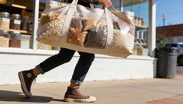Urban shopper walking with large reusable tote filled with bulk grains, rice, oats, jars