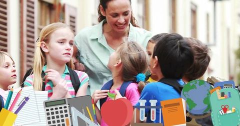 Smiling teacher talking with elementary students outdoors with colorful school supplies overlay