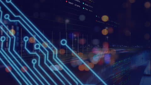 Circuit and Data Overlaying Blurred Night Road Traffic Scene
