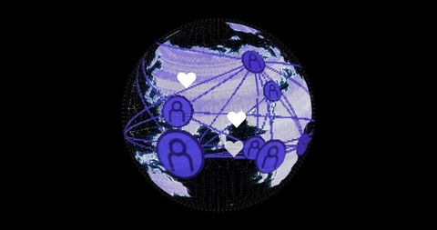 Global connectivity network with digital user icons and heart symbols