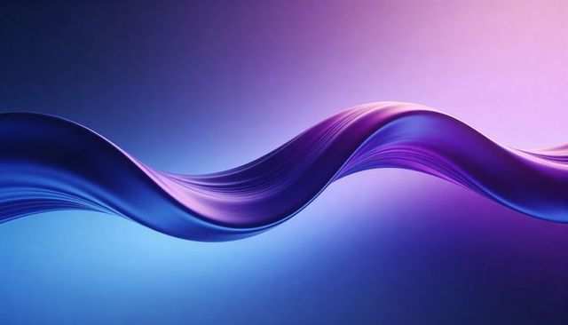 Flowing satin ribbon wave stretching across blue purple gradient backdrop for technology