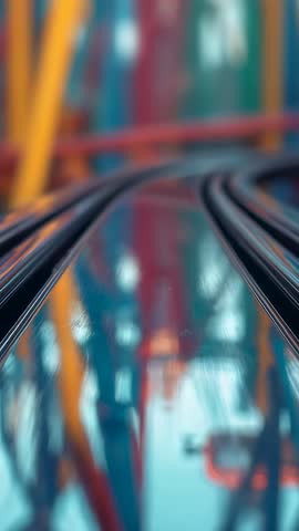 Vertical POV tracking glossy ride rails with parallel tracks and vibrant motion reflections