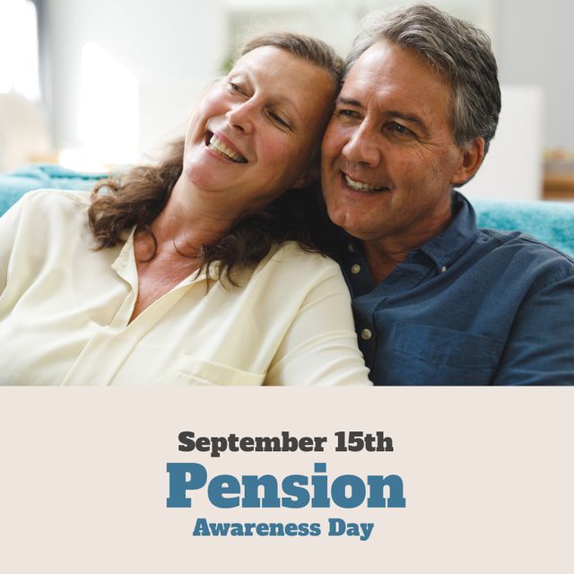 Photo of a cheerful senior Caucasian couple relaxing in their home on Pension Awareness Day. Ideal for use in materials promoting financial literacy for retirees, pension planning, aging lifestyle, and elderly well-being. Can be utilized in articles, blogs, and social media campaigns focused on retirement planning and celebrating pension awareness.