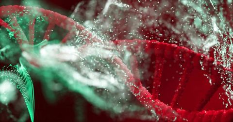 Glowing red dna helix twisting through luminescent particle cloud with green strand
