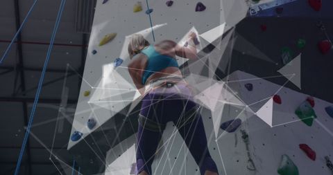 Woman Rock Climbing Under Digital Overlay of Data Processing