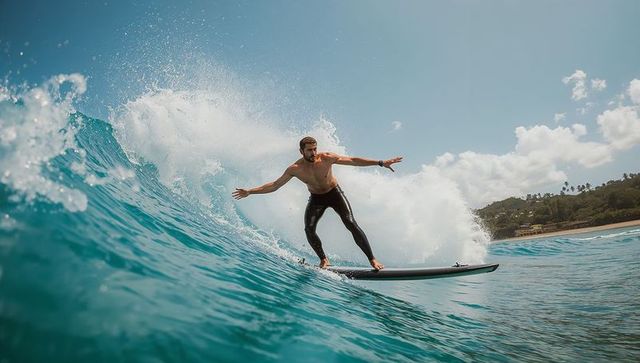Shirtless surfer carving turquoise wave near tropical palm-lined shoreline