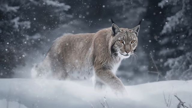 Eurasian lynx walking through snowy boreal forest, falling snowflakes, winter predator