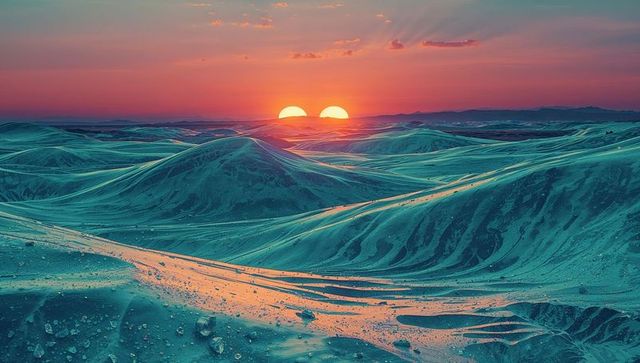 Twin suns setting over teal extraterrestrial dune field with rippling sand
