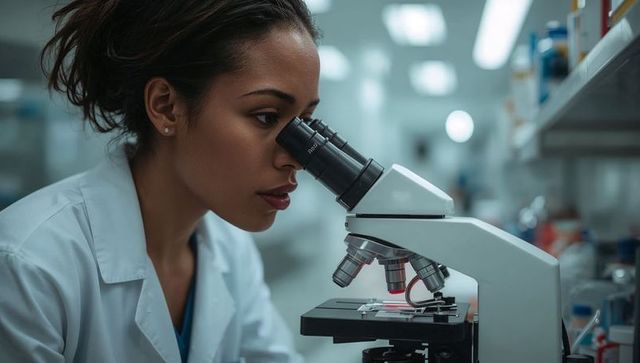 Scientist examining specimen through compound microscope for clinical research and diagnostics