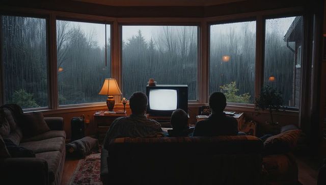 Family watching retro crt television on rainy evening through bay window, cozy living room