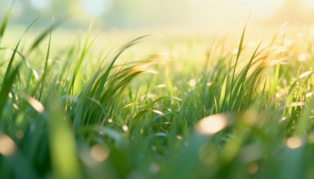 Glistening morning grass blades backlit by golden sunlight with dew bokeh