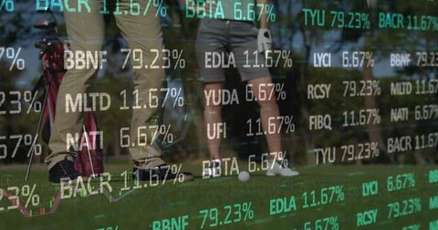 Adult golfers putting on green with financial ticker overlay