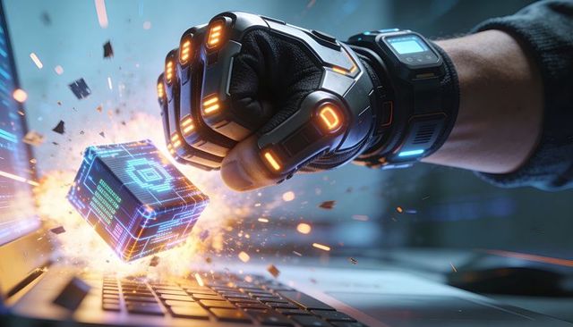 Cyberpunk gauntlet grasping glowing holographic data cube above laptop keyboard