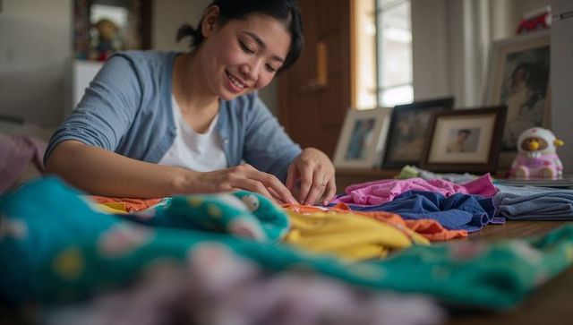 Smiling asian woman arranging colorful baby clothes on wooden table in cozy home