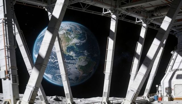 Earth rising over lunar outpost through structural beams, sunlit space habitat view
