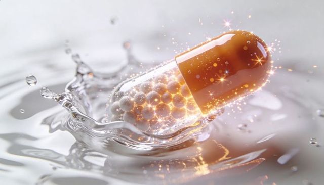 Translucent Orange Capsule Floating on Liquid Splash with Glowing Microbeads and Sparkles
