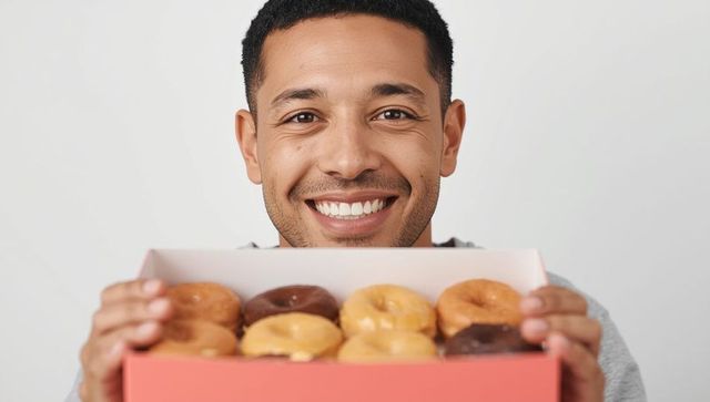 Cheerful man presenting box of glazed donuts with joy