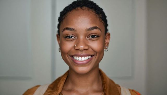 Smiling young woman wearing nose stud and backpack straps closeup headshot