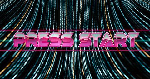 Retro futuristic press start screen with digital dots
