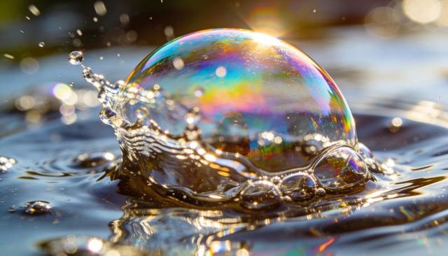 Iridescent soap bubble splash crown on reflective water surface with rainbow prism glow