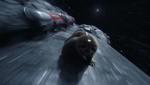 Clinging sloth gripping starship hull at high velocity against starfield with red engines