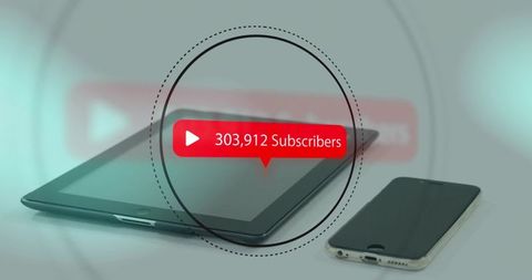 Displaying red subscriber callout 303,912 over tablet and smartphone flatlay teal overlay