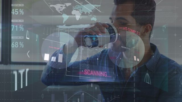 A Caucasian man drinking coffee at his office desk, with a holographic interface overlay displaying various business analytics and statistics, representing modern technology and data processing. Ideal for use in articles or presentations about data analytics, business technology, futuristic working environments, and digital transformation.