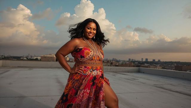 Smiling Woman in Floral Maxi Dress Enjoying Rooftop Sunset