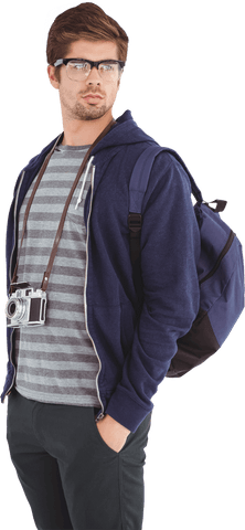 Casual Young Man with Camera on Strap and Backpack Transparent Background - Download Free Stock Videos Pikwizard.com