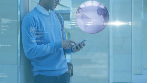 Businessman Using Smartphone with Holographic Globe Overlay