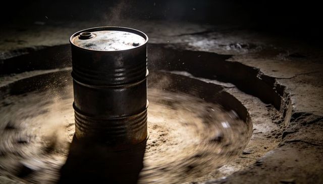 Rusty Steel Drum Standing in Cracked Concrete Pit with Swirling Dust and Dramatic Light