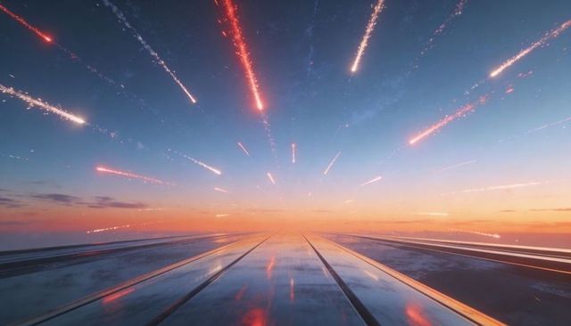 Glossy reflective runway mirroring meteors and streaking light trails toward twilight horizon