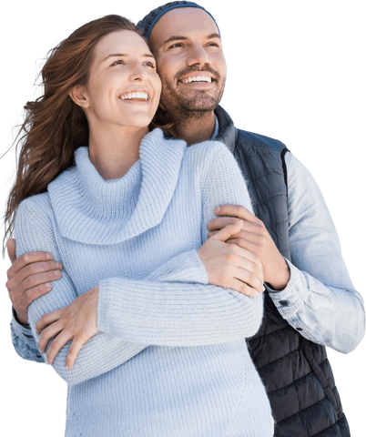 Transparent Smiling Couple Embracing with Joyful Expressions