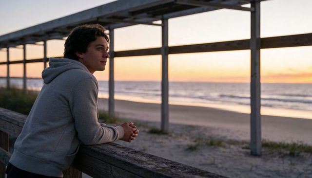 Young man leaning on weathered boardwalk railing gazing at ocean horizon during sunset