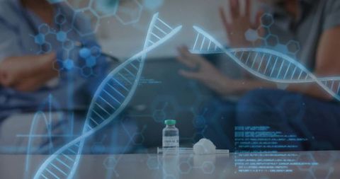 Highlighting COVID-19 vaccine vial on living room table with holographic DNA overlays