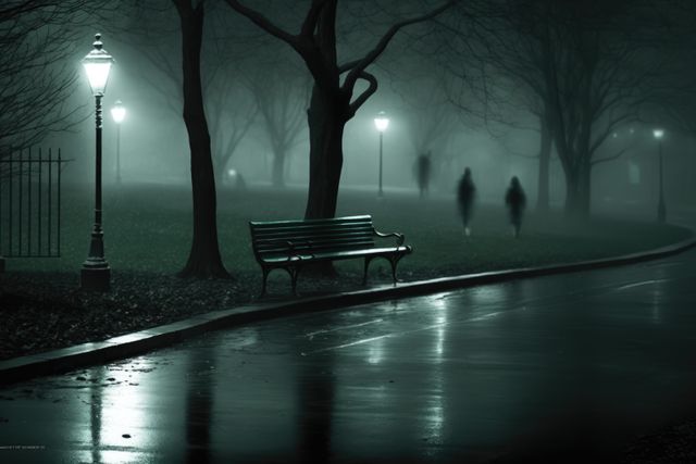 This eerie scene shows a foggy park at night with dimly lit street lamps. A bench sits empty under the trees as ghostly figures walk in the distance, casting long shadows on the wet pavement. Ideal for horror-themed projects, creating suspense, Halloween concepts, and apps or websites that require atmospheric backgrounds.