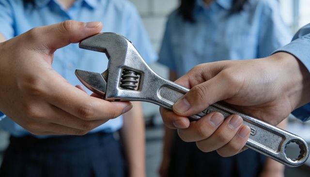 Students holding adjustable wrench passing tool during hands-on workshop training