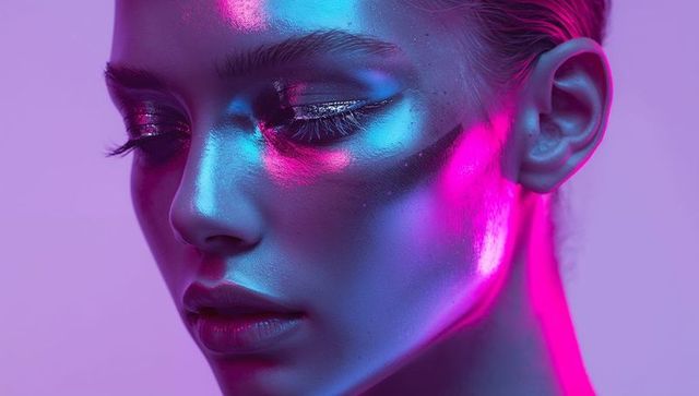 Glowing neon portrait showing cyan magenta metallic makeup and glitter closeup