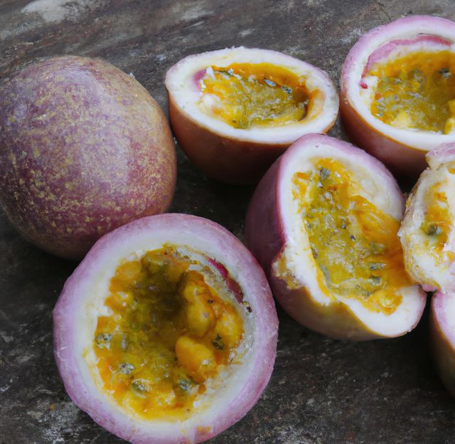 Close up of fresh and sliced passion fruit on table. Nature, fruit and food concept.