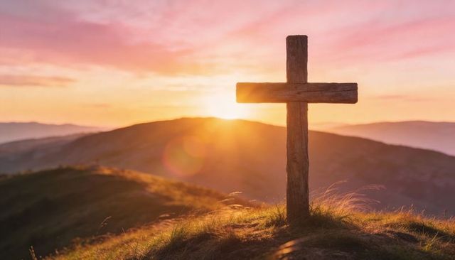 Weathered wooden cross standing on hilltop at sunset with sun flare and rolling hills