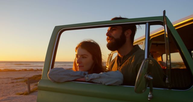 Young Couple Enjoying Sunset on Beach in Vintage Van - Download Free Stock Images Pikwizard.com