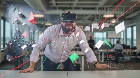 Man Engaging with Virtual Reality Holograms in Modern Office