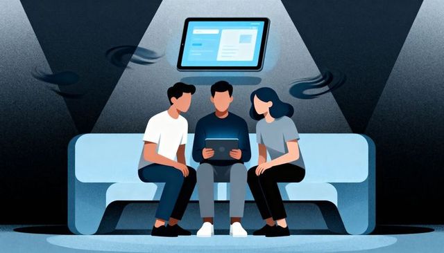 Three professionals collaborating around tablet in modern demo lounge with floating ui